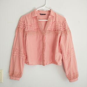 M&S Collection Blouse Shirt Top Womens 12 Pink Linen Lace Crochet Puff Cropped
